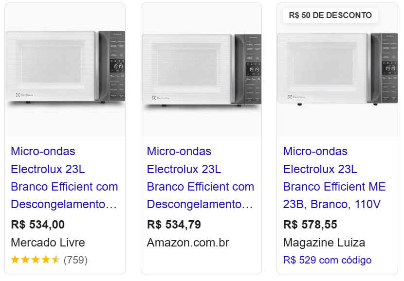 Comparativo de preço 479 reais