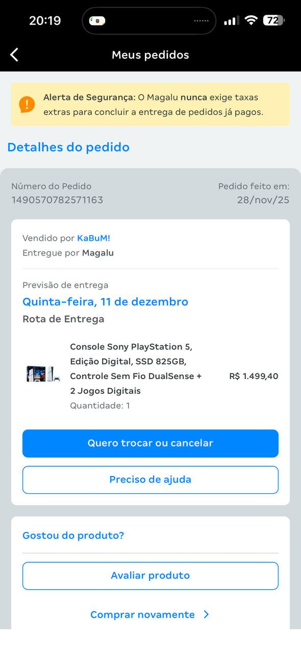 Comprovante Magalu PS5 1499 reais